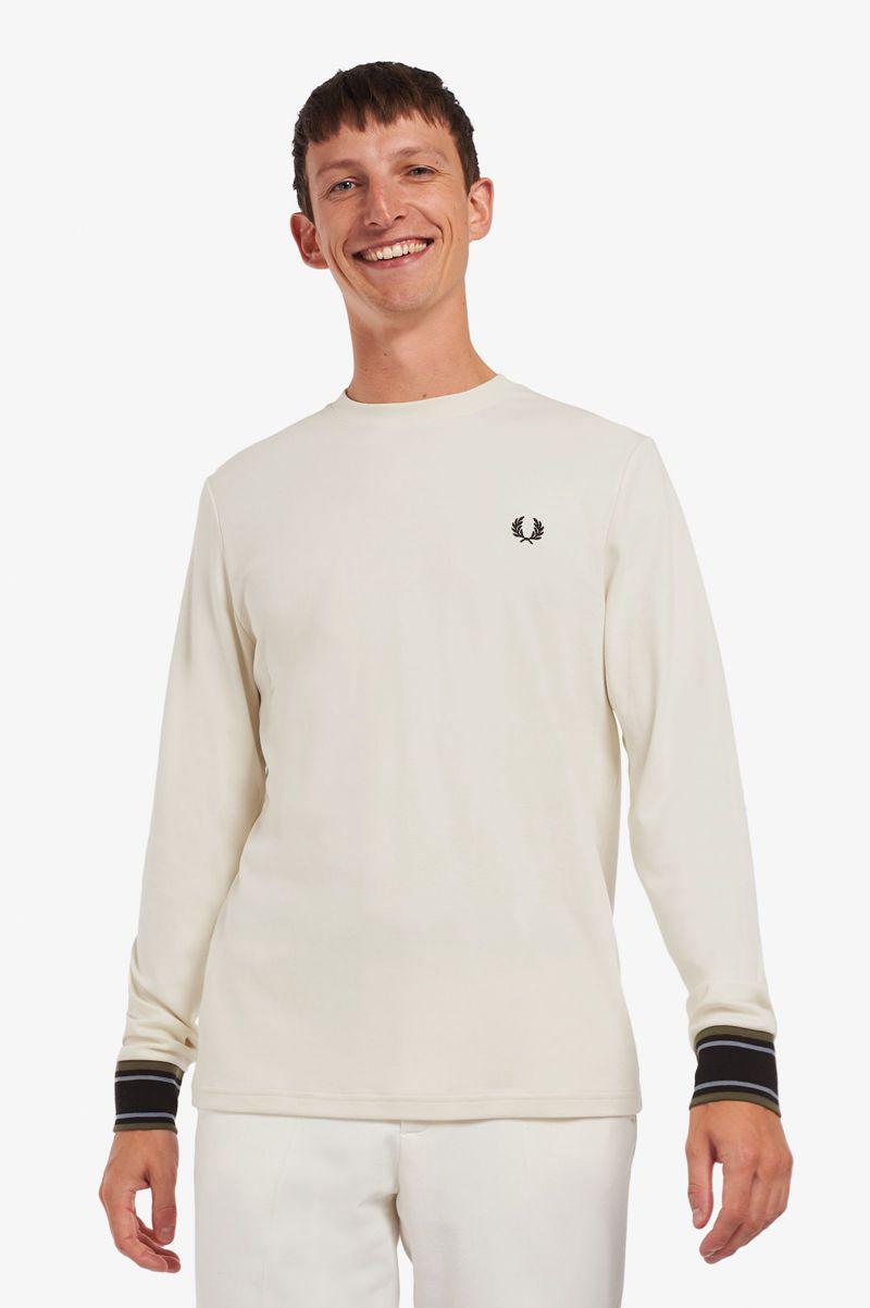 White Fred Perry Striped Cuff Long Sleeve Men\'s T Shirts | PH 1771DFMN